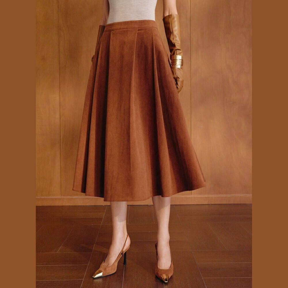 Rust Golden Brown Pleated A-Line Midi Skirt with High Waist Seam